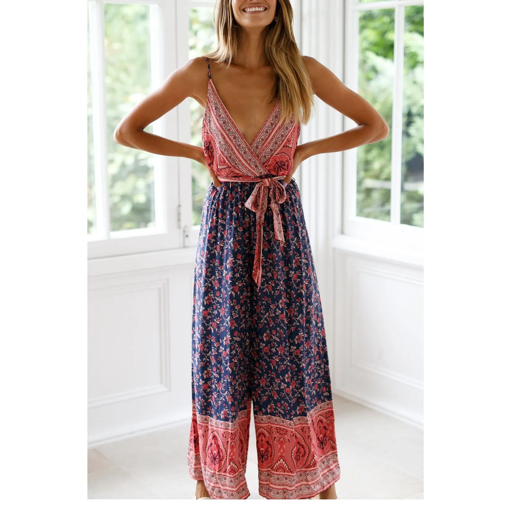 Bohemian Women Wide Leg Jumpsuits Split Bow Long Beach Jumpsuits Loose Female Print Sexy Rompers