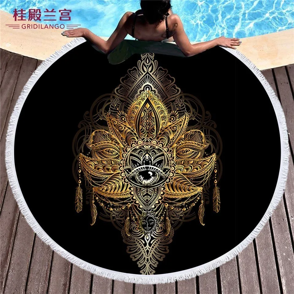 

GRIDILANGO Mandala Feather Round Beach Towel For Adult Quickly Absorbtable Swimming Travel Home Blanket Yoga Mat Bath Towel