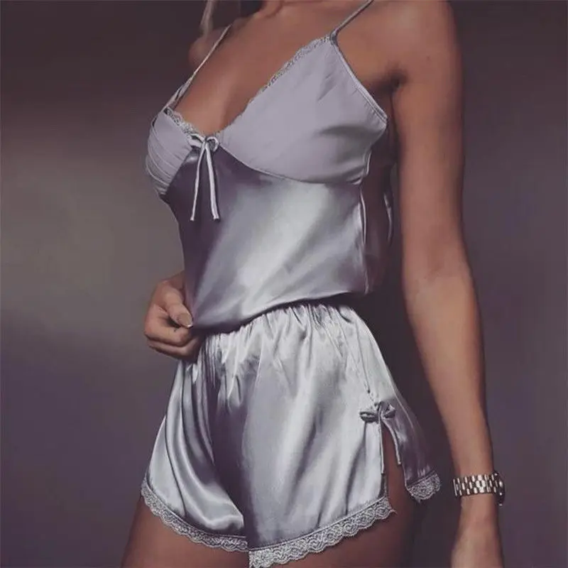 

New Women Sleepwear Sleeveless Strap Nightwear Lace Trim Satin Cami Top Pajama Sets Sexy Lingerie Intimate Ladies pijama mujer