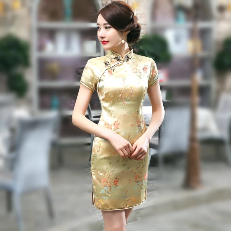 Женское золотое платье Ципао платья дракон феникс короткий Qipao Плюс Размер 6XL XXXL Cheongsam платье в традиционном китайском стиле