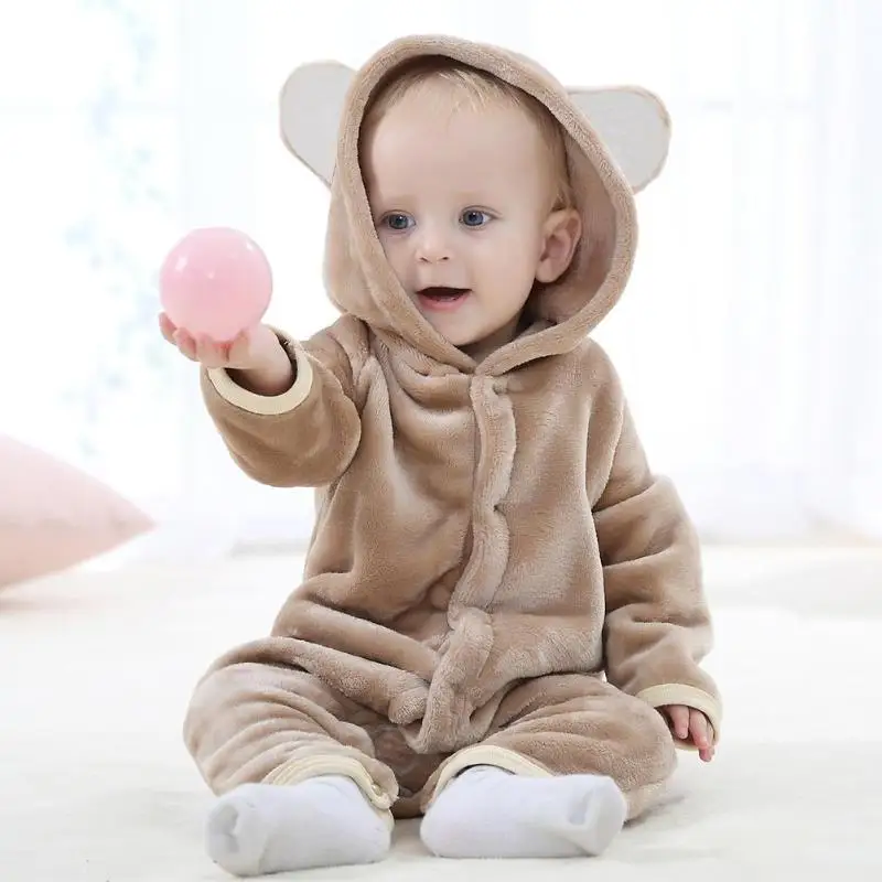 Халат для новорожденных милый медведь комбинезон для новорожденных оснастки кнопки зимний комбинезон с капюшоном плотная детская фланелевая однотонная одежда