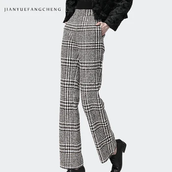 

Women Pants Trousers Winter 2018 High Waist Wide Leg Wool Pants Warm Ladies Casual Pants Plaid Trouser Fashion Capris