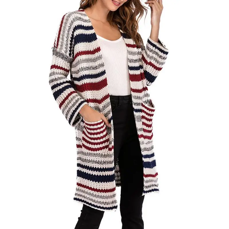 ISHINE для женщин с длинным рукавом вязаный кардиган элегантный свитер в полоску повседневное Осень пальто для будущих мам верхняя одежда