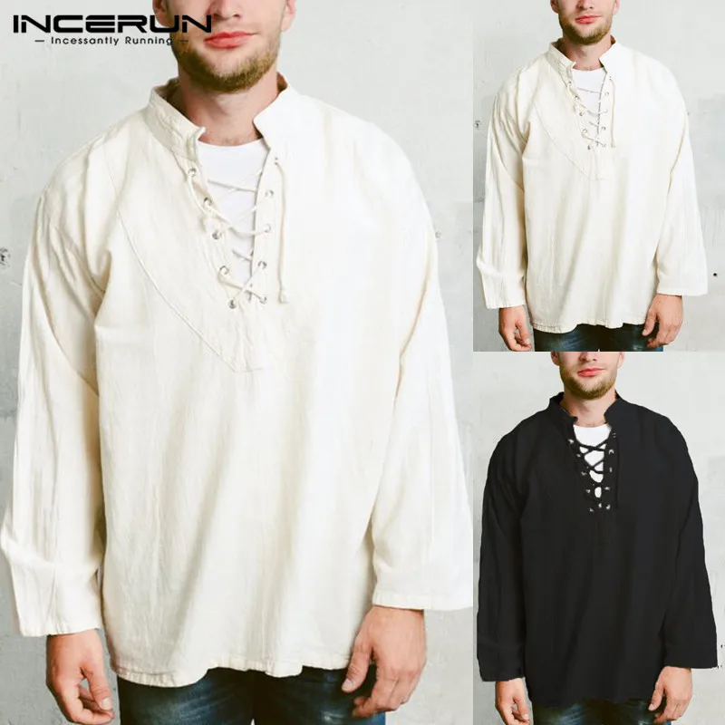 

2019 INCERUN Retro Mens Tee Tops Long Sleeve Bandage Shirt Knight Top Medieval Peasant Vintage Clothing Camisa Blusas Plus Size