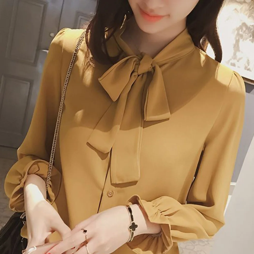 2019 Summer Elegant White Tie Neck Bow Ruffle Plain Color Top Stand Collar Long Sleeve Women OL