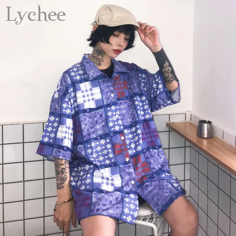 

Lychee Streetwear Baroque Hit Color Female Blouse Shirt Plaid Turn-down Collar Short Sleeve Loose Women Blouse Shirts