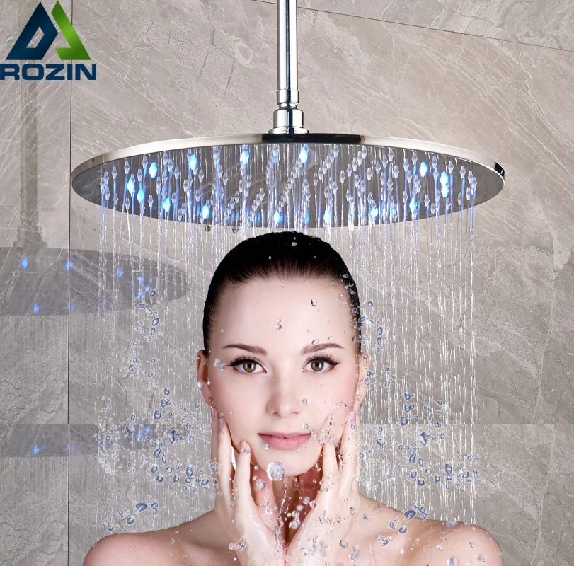 Brushed Nickel 16 inch LED Light Shower Head Rainfall Round Big Showerhead with Brass Shower Arm