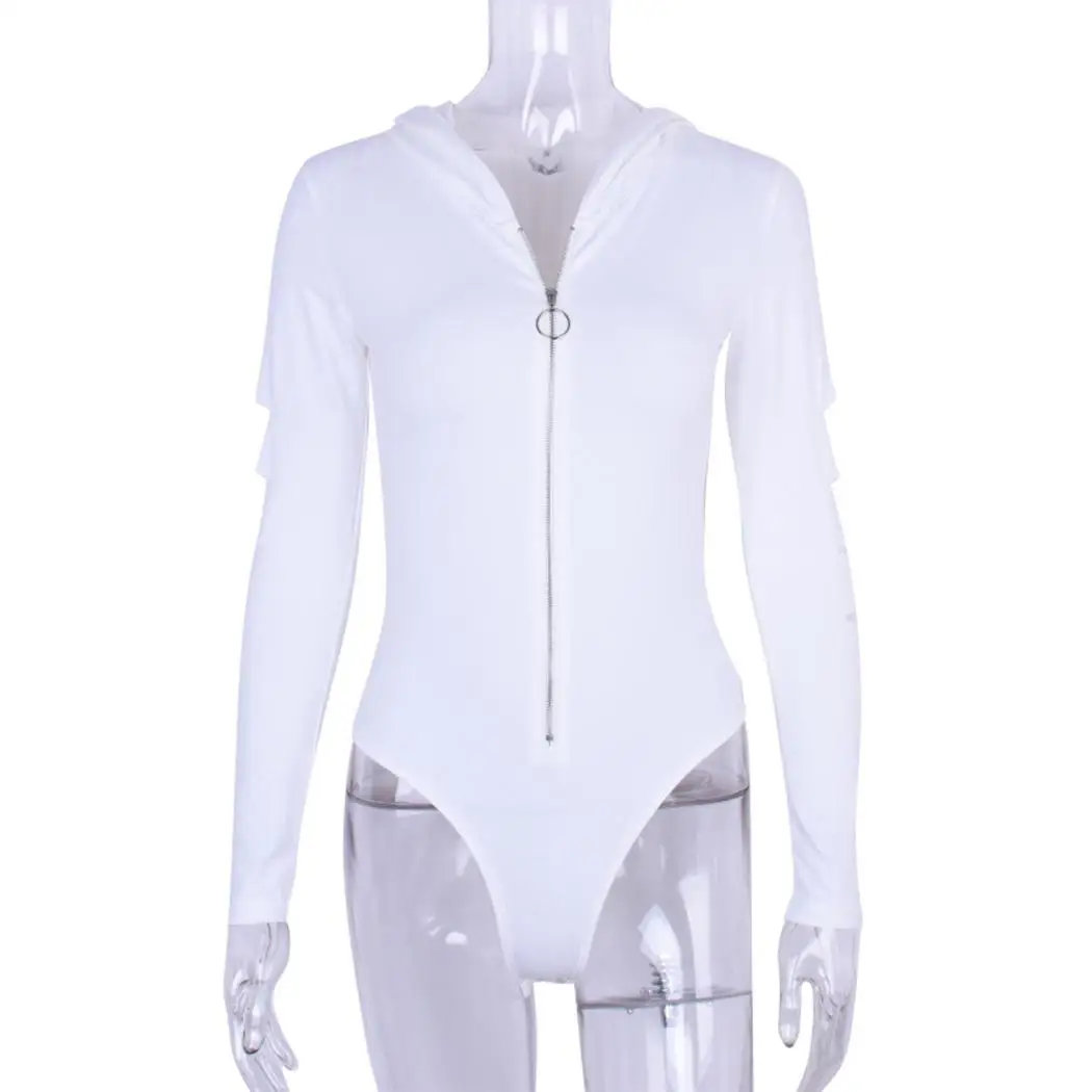 Women Casual Solid Hooded Long Sleeve Zipper Bodysuit Regular Slim Soft