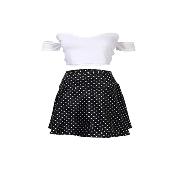 

Summer Party Fashion Cute Women Ladies Short Sleeve Off Shoulder Slash Neck White Shirt Top Polka Dot Print Blue Mini Skirt 2PCS