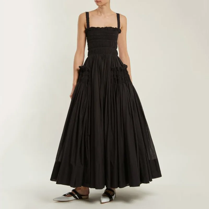 

SHENGPALAE 2019 New Spring Fashion Black Strapless Tank Hollow Out Backless Patchwork Pleated Woman Ankle-length Dress SA448