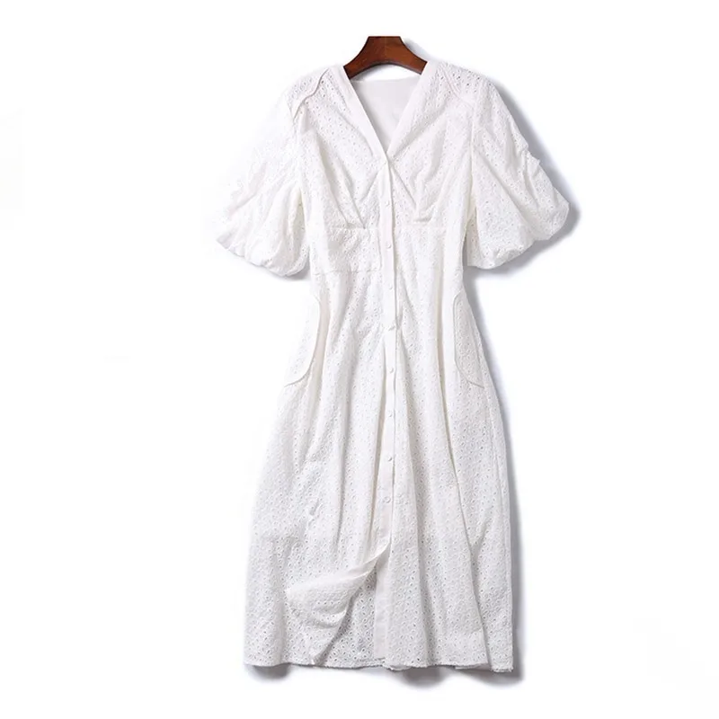 Goede TWOTWINSTYLE Zomer Vintage Solid Vrouwen Jurk V hals Bladerdeeg Mouw Hoge Taille Button Hollow Out Midi Jurken Vrouwelijke Mode 2019