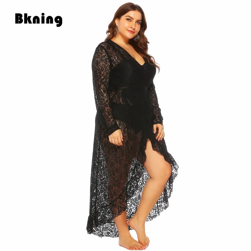 

Bkning Plus Size Beach Wear Dress Black Lace Cover Up Long Sleeve Women Dresses 2019 Bikini Swimsuit Coverups Beachwear Big 4XL