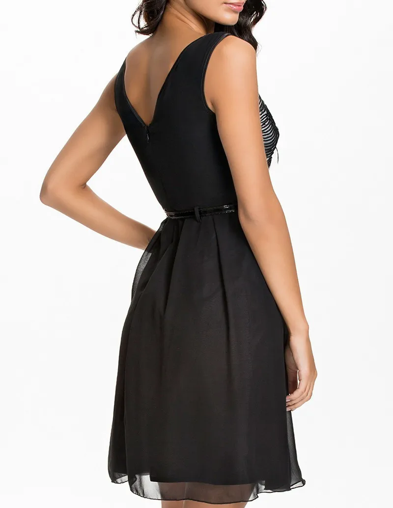 IDress Free Shipping New Women Sexy Black and White Print Dress Sleeveless One Piece Dress with Belt Casual Chiffon Swing Dress (1)