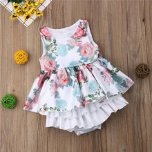 Одежда для новорожденных девочек,, топы без рукавов с круглым вырезом и пуговицами, топы с цветочным принтом, однотонные шорты с рюшами, одежда для малышей из 2 предметов