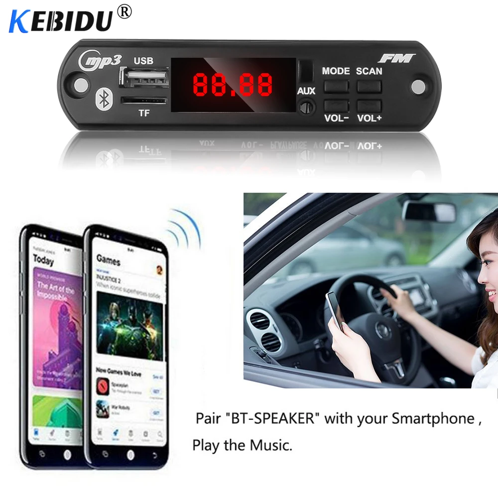 Беспроводной автомобильный Bluetooth декодер KEBUDI 5 В 12 MP3 WMA USB TF FM радио плеер цветной