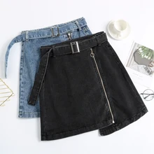 2019 Summer Spring Women Irregular Denim Skirt High Waist Jeans Ladies Front Zipper Skirt High Quality Black Blue Skirt contrast binding zipper front skirt