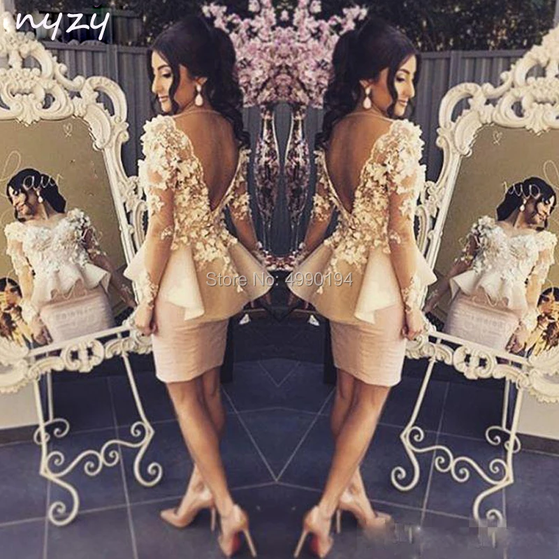 

NYZY C7 Short Cocktail Dress Long Sleeves Backless Rosettes Elegant Wedding Party Dress Graduation Homecoming Evening 2019