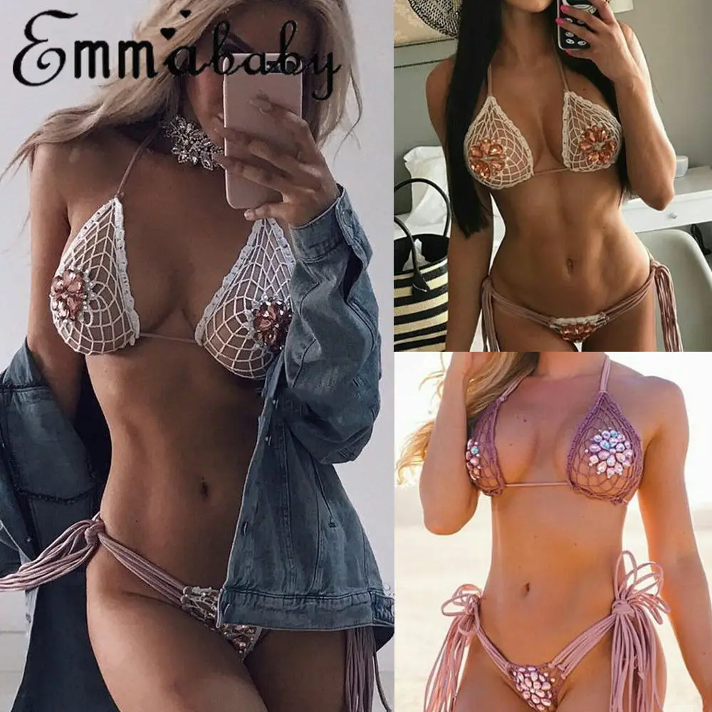 

2019 Newest Hot Sexy Women Sexy Hollow Crystal Bikini Set Bandage Crochet Knitted Swimwear Swimsuit Bathing