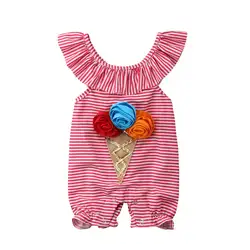 Милая Одежда для новорожденных и маленьких девочек 0-4 лет, летняя одежда с цветочным принтом «мороженое», «Песочник, полосатый комбинезон»