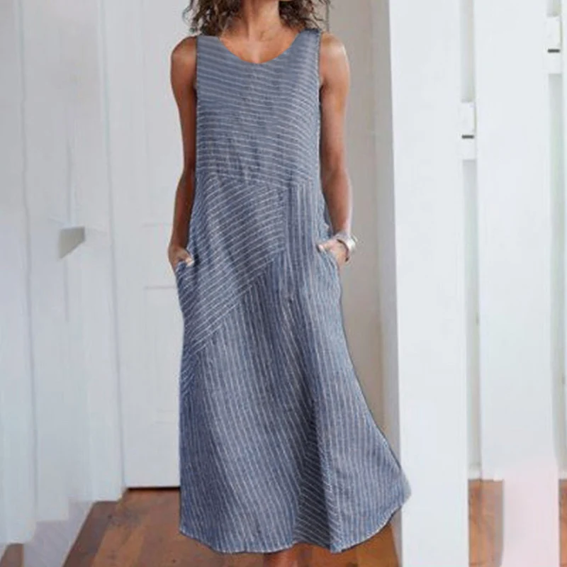 

Women plus size dresses Summer Round Neck Stripe Splice Sleeveless Pocket Large Size tropical boho holiday Dress beach wear lady