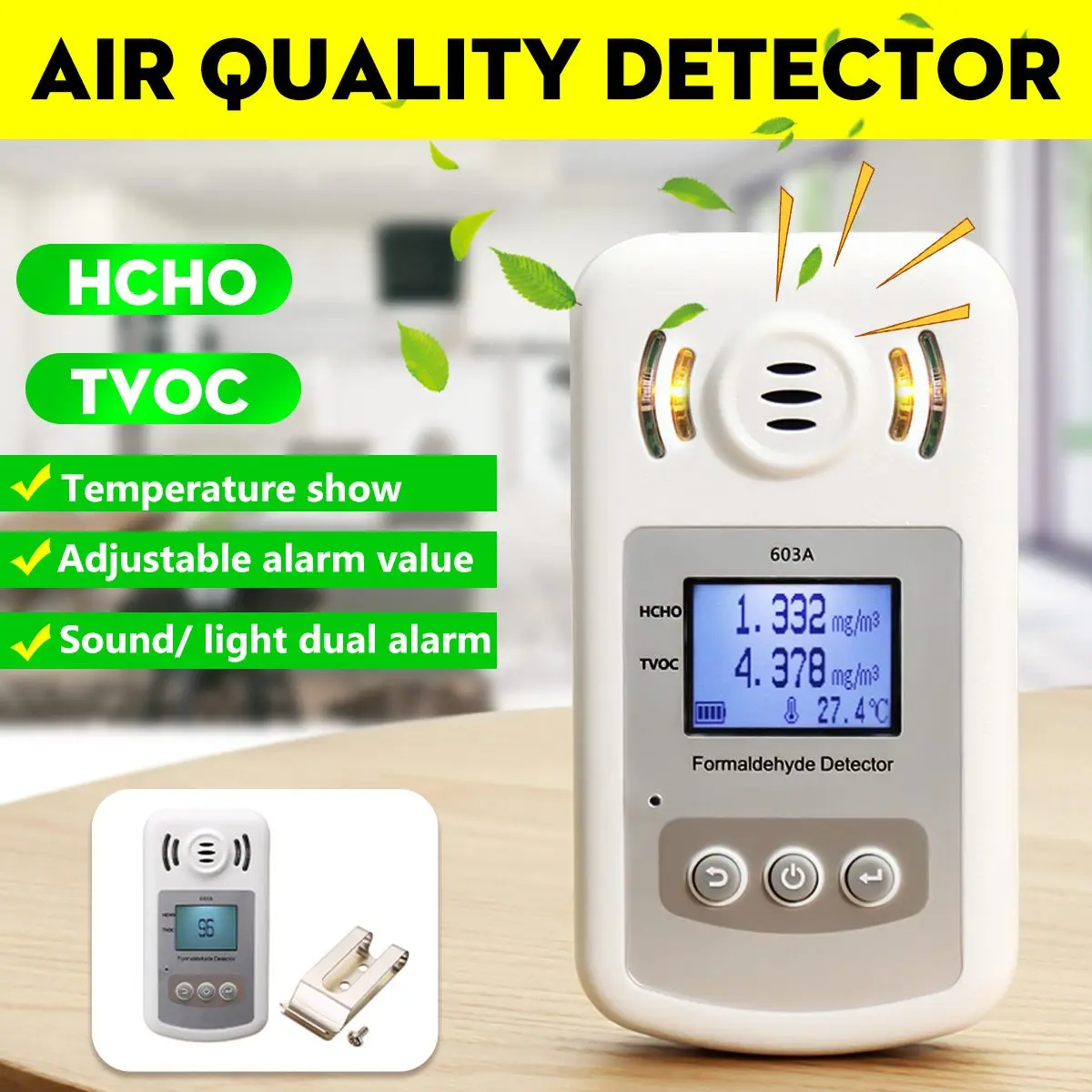 

Digital Air Quality Monitor PM2.5 Formaldehyde Detector HCHO TVOC Gas Analyzer Temperature Meter Sound Light Alarm for Home Car