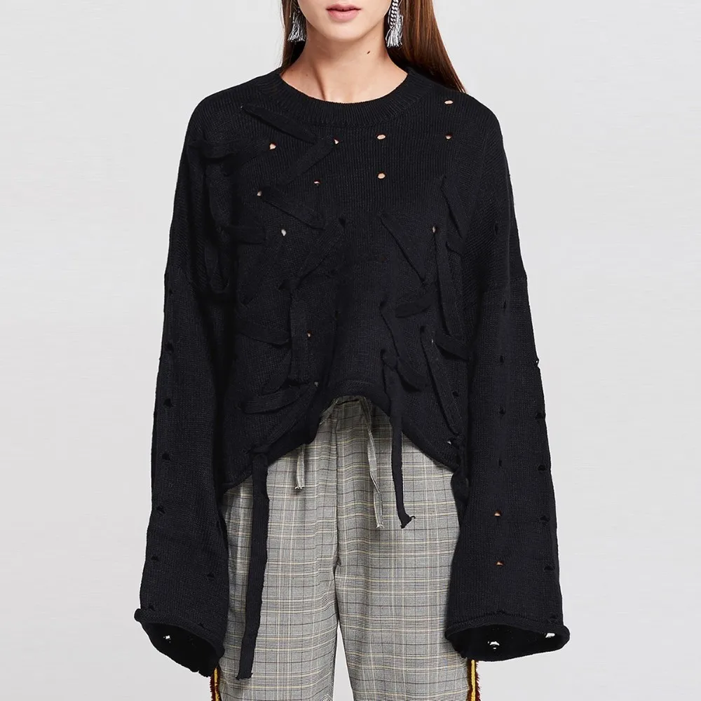 HYH HAOYIHUI Fashion Simplicity Hole Hollowing Out Frenulum Easy Knitting Sweater Black White Long Sleeve Tops HYH HAOYIHUI Fashion Simplicity Hole Hollowing Out Frenulum Easy Knitting Sweater Black White Long Sleeve Tops