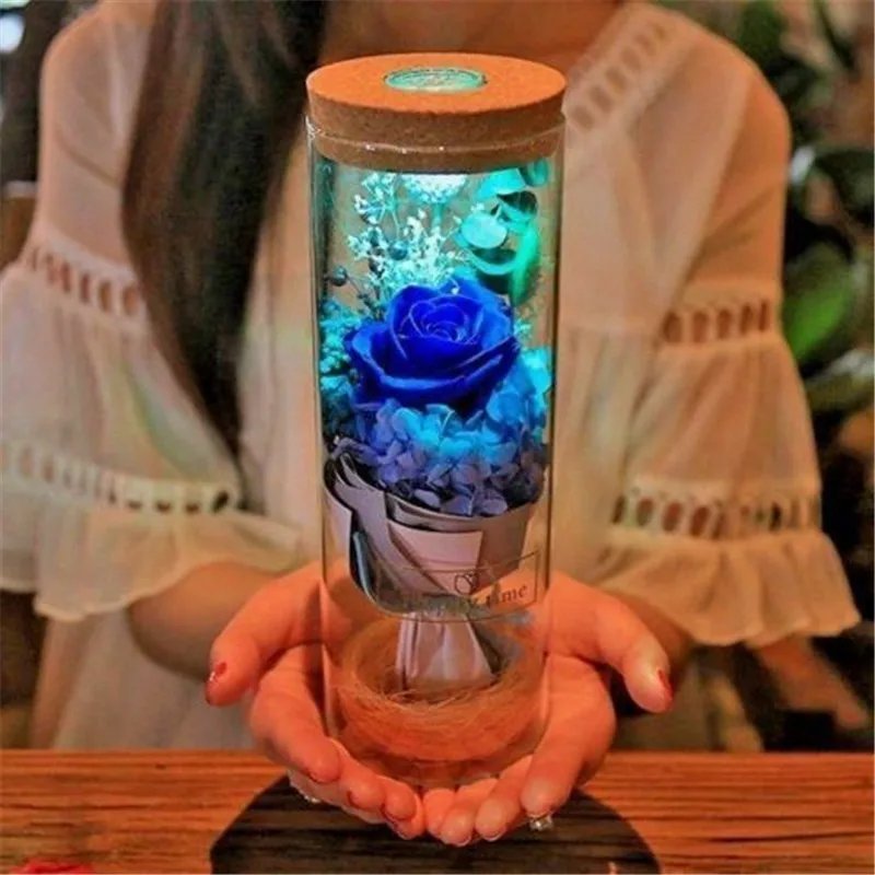 

LED Rose Night Light RGB Dimmer Bottle Lamp Real Flower With Remote Control Home Bedside Decor Lighting Birthday Gift