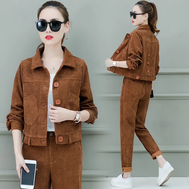 

2019 Retro Corduroy Jacket Women Lapel Pocket Jackets Outwear Casual Female Coats+ Long Pant Two piece set Fashion Streetwear