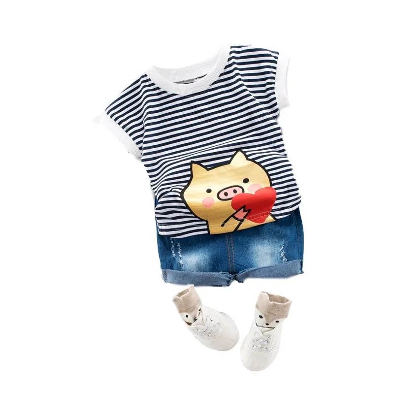 

Summer Children Baby Cotton Clothes Letter Piggy Love T-Shirt Cowboy Shorts 2pcs/Sets Toddler Fashion Clothing Infant Tracksuits