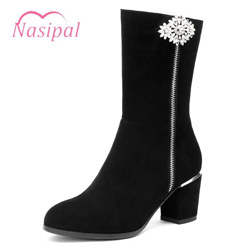 

Nasipal Crystal Knight Mid-calf Boots Women Shoes Genuine Leather Plush Zipper Motorcycle Boots Winter Autumn Boot Botas Mujer