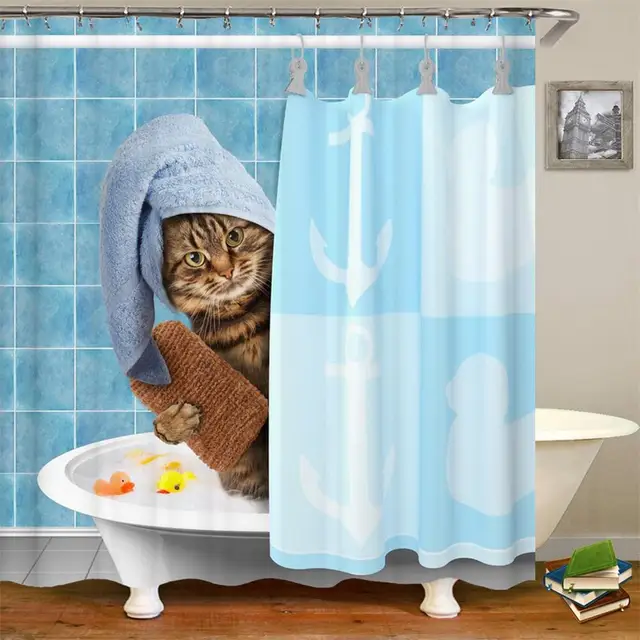 Funny Cat Kitten Shower Curtains for Bathroom Fat Cat Brushing Teeth Design Waterproof Anti