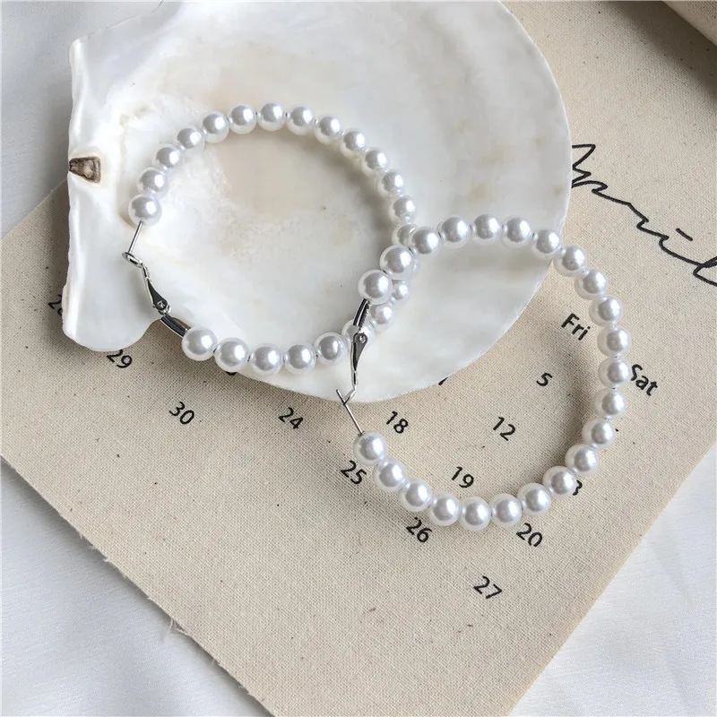 

2019 Exaggrated Simulated Pearls Big Circle Statement Earrings For Women Vintage Loop Hoop Earrings With Pearl Jewelry Gift