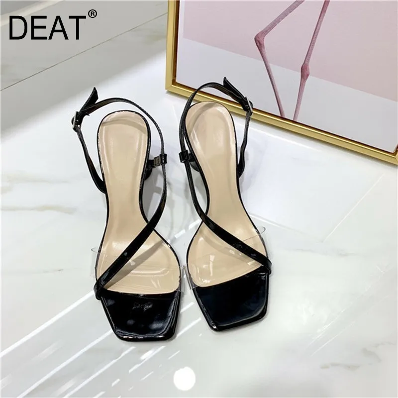 

[DEAT] 2019New Spring Summer Square Toe Shallow Pu Leather Transparent Buckle Strap High Heels Sandals Women Fashion Tide 10C811