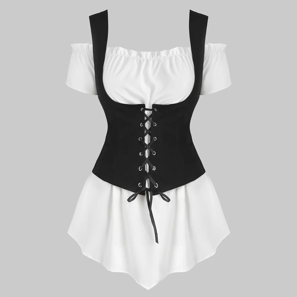

Rosegal Plus Size Off Shoulder Blouse And Lace-Up Waistcoat Short Sleeve Vintage Tops Gothic High Waist Women Summer Shirts 2019