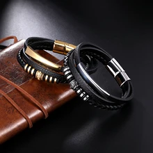 Men Multilayer Braided Braid Genuine Leather Bracelet Stainless Steel Magnetic Clasp Bangles Fashion Punk Male Jewelry Men Multilayer Braided Braid Genuine Leather Bracelet Stainless Steel Magnetic Clasp Bangles Fashion Punk Male Jewelry