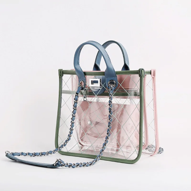 

[Super Seabob] 2019 Spring Summer Woman Stylish Transparent Hit Color Spliced Diamond Lattice Chain PVC Handbag All Match LM066