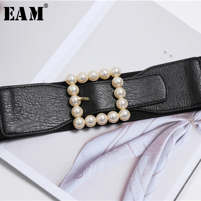 

[EAM] 2019 Spring Woman New Black Color Two Styles Spliced Imitate Pearl Square Buckle Leather PU Wasitbelt All Match LI315