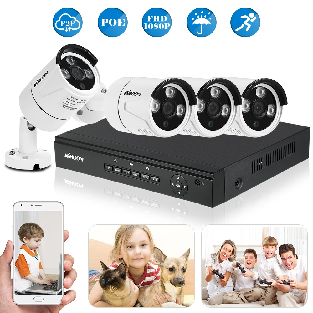 

KKmoon 4CH Channel HD 1080P POE NVR Network Video Recorder 4pcs 2MP Megapixels POE Bullet IP Camera for CCTV Surveillance System