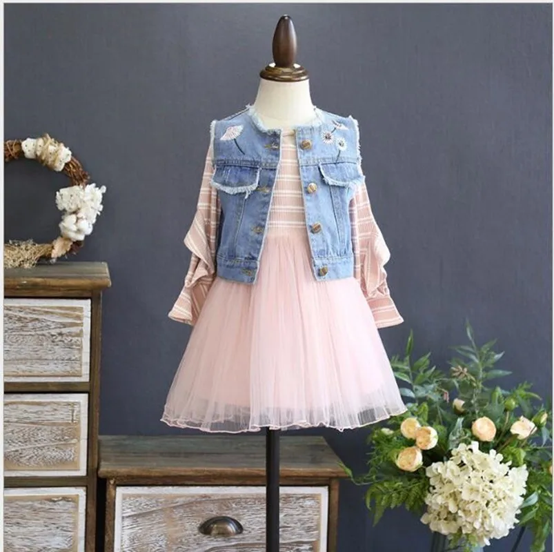 

spring girl long sleeve dress pink tulle dress for kids dresses for girl's clothing Denim Vest embroidery flower princess