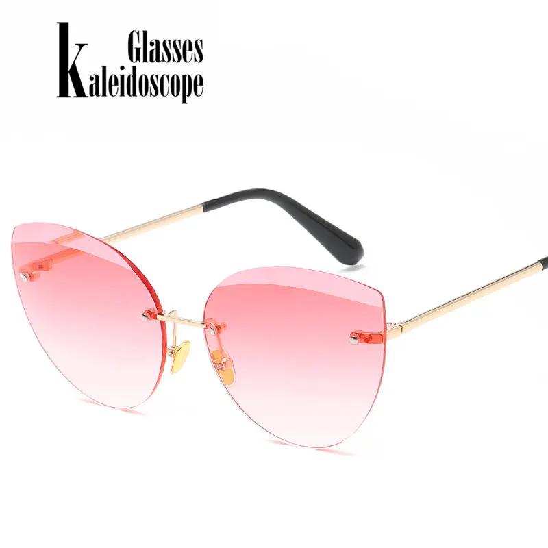 Солнцезащитные очки без оправы, Женские винтажные брендовые дизайнерские солнцезащитные очки «кошачий глаз», модные розовые очки без оправы, обрезные женские очки UV400