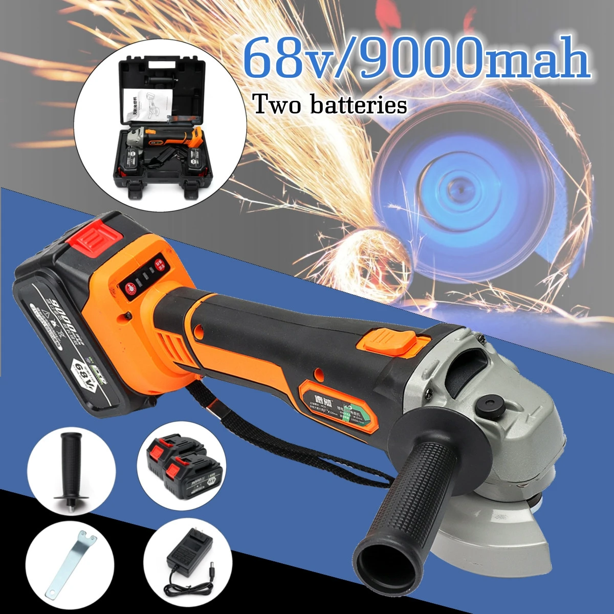 

68vf 9000mAh Electric Angle Grinder Cordless Polisher Polishing Machine Cutting Tool With one charger and 1/2 Battery