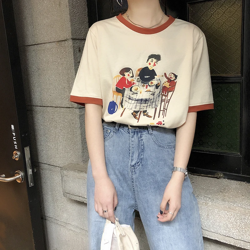 

Vintagefashion Print Short Sleeve O Neck Woman T-Shirt New Casual 2019 Spring Summer Cotton Girls Tees
