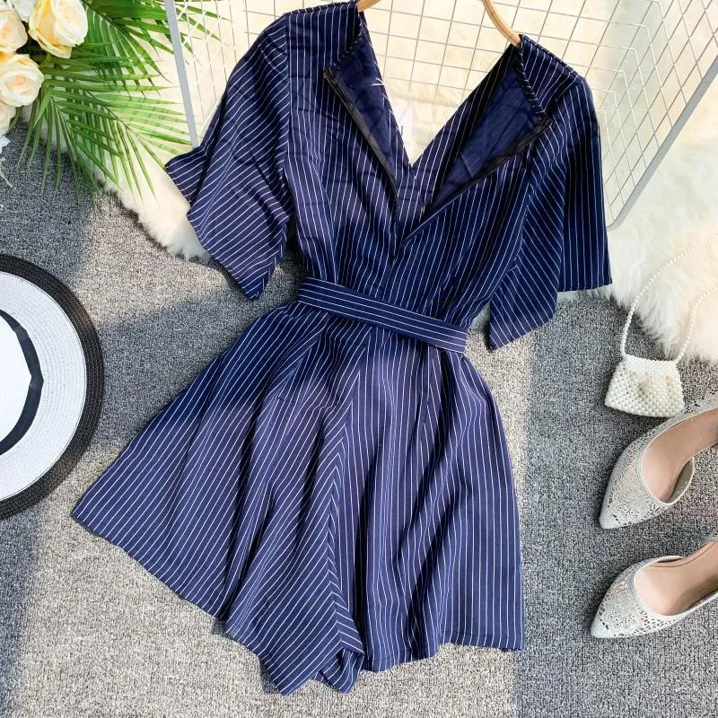 Elegant Shorts Striped Playsuits Women V-neck Short Sleeve Belted Sexy Rompers Casual Vintage Beach Jumpsuits Elegant Shorts Striped Playsuits Women V-neck Short Sleeve Belted Sexy Rompers Casual Vintage Beach Jumpsuits