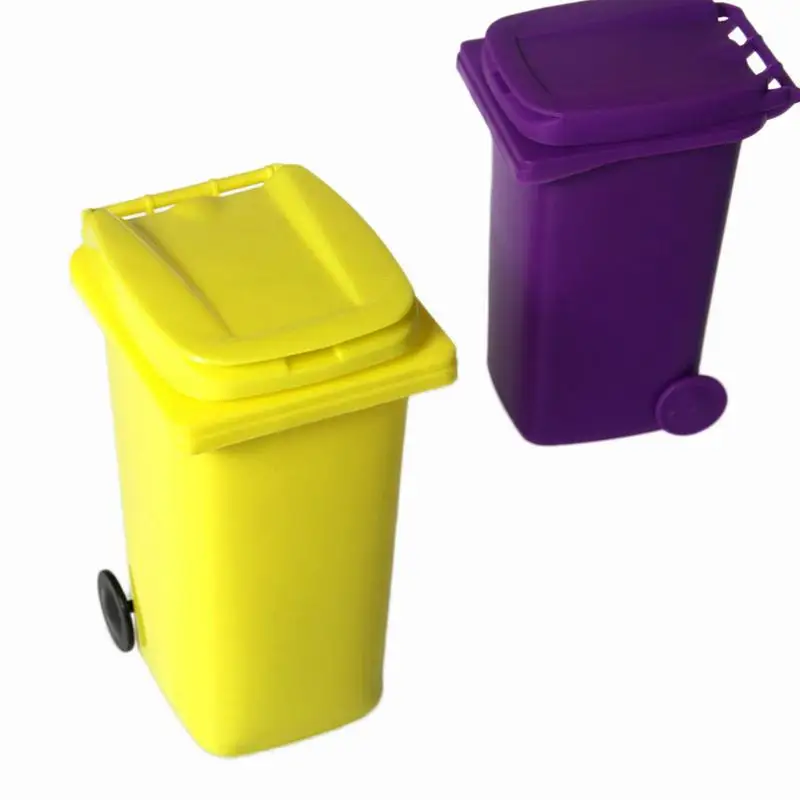 

Multi Function Innovative Desktop Storage Box Plastic Trash Can Shape Pen Holder With Wheel Yellow Purple Blue Random Color