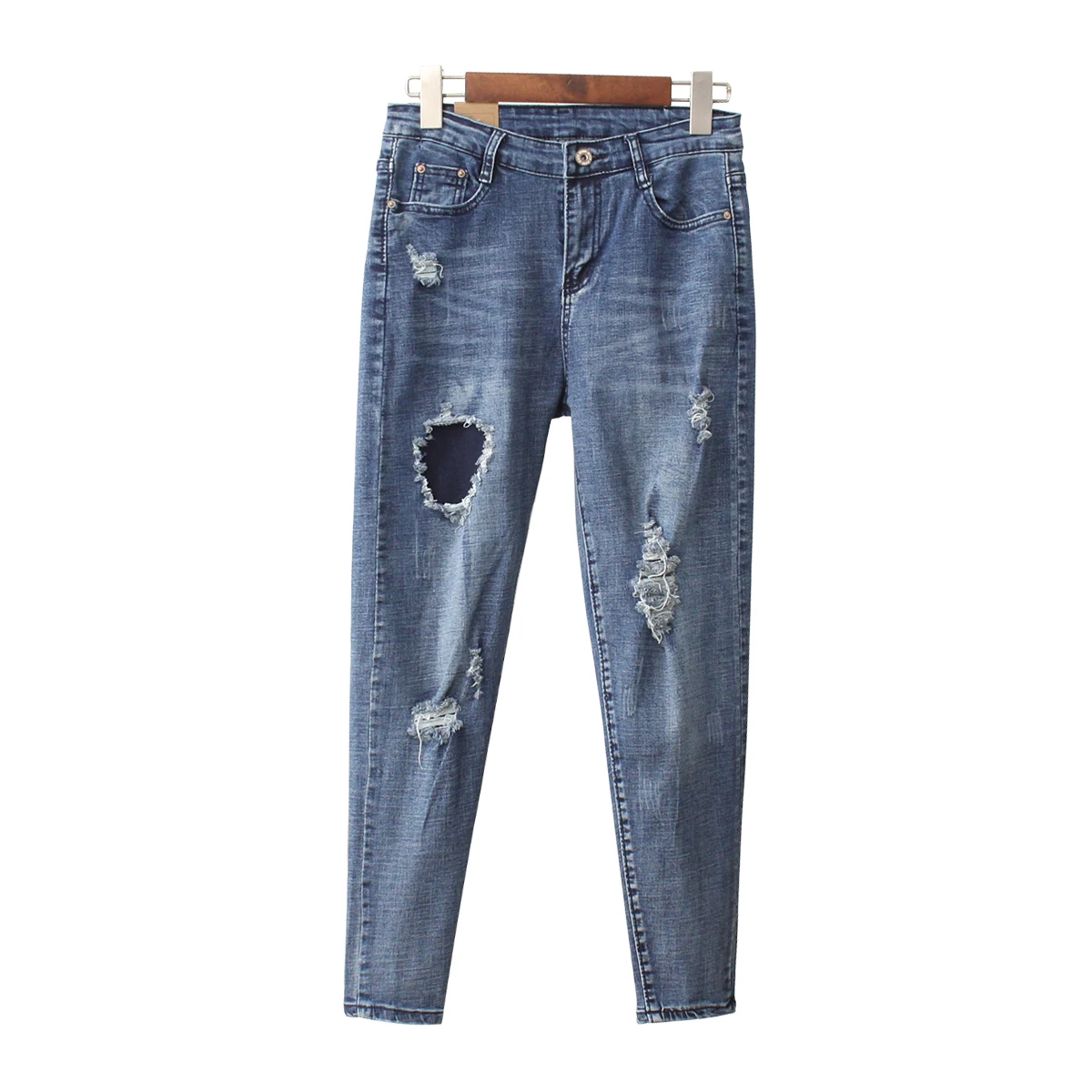 

Jeans For Women Blue Ripped Holes Jeans High Waist Elastic Stretch Jeans Female Washed Denim Pencil Pants