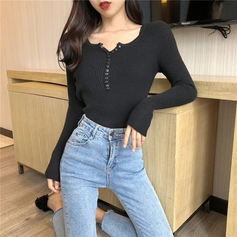 

PEONFLY Solid V Neck With Buttons Sweater Knitted Fashion Women Tops Casual Pullover Jumper Sexy Pull Femme Hiver Truien Dames