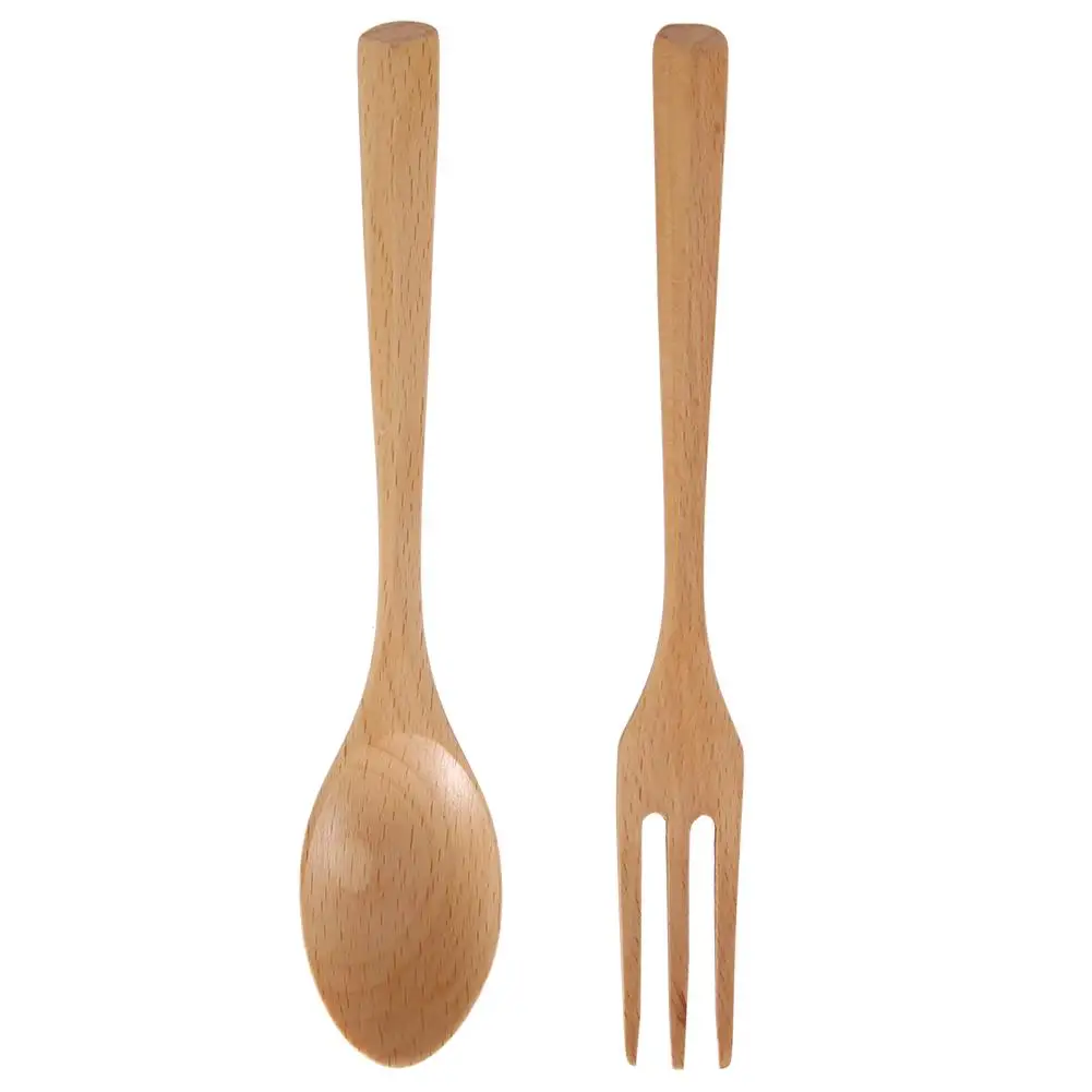 

Natural Wooden Spoon and Fork Set Dessert Tableware for Kitchen Utensil