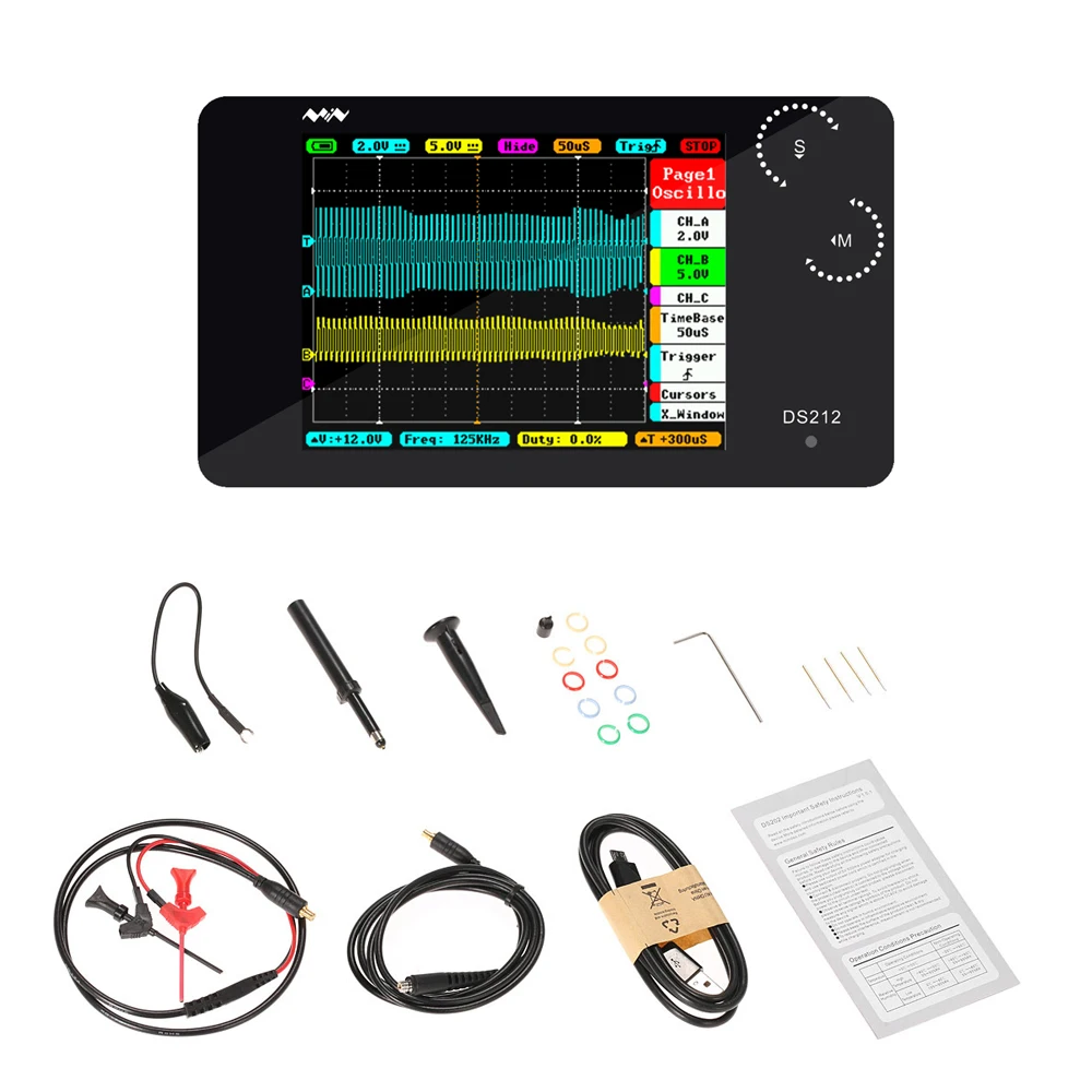 DS212 DSO Портативный 2 канальный цифровой осциллограф Карманный Размеры USB
