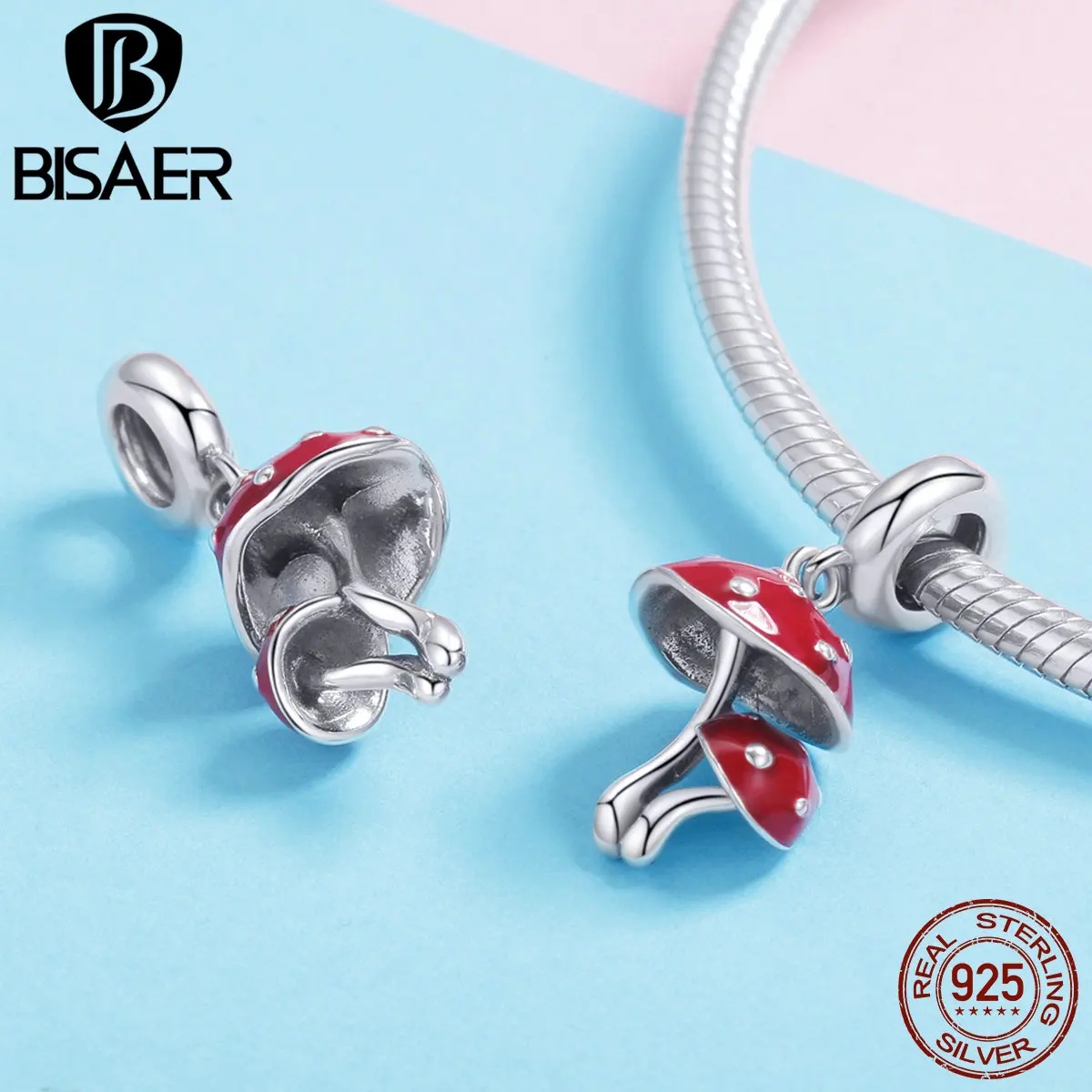 

BISAER 2019 New silver 925 Jewelry Red Mushroom Crystal Beads Charm Pendant Fit Bracelet & Necklace Jewelry Making GXC1060