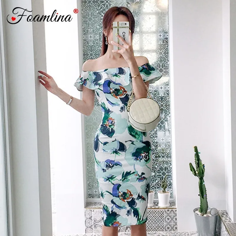 

Foamlina Women Dress 2019 New Summer Floral Print Bodycon Dress Sexy Off Shoulder Ruffles Slim Fit Party Dress Women Clothing